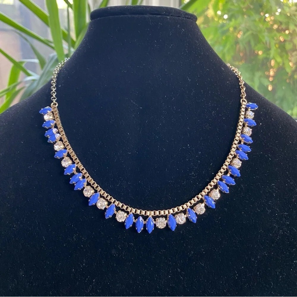 J. Crew Gold Tone Blue and Clear Rhinestone Necklace